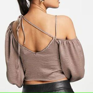 Topshop strappy gathered long sleeve crop top in mocha Sz 2 Festivals Night Out